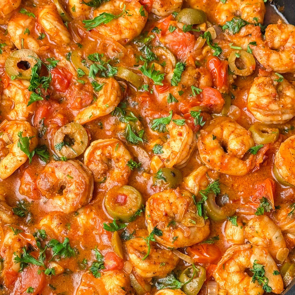 One Pan Seared Shrimp In a Garlic, Tomato Olive Sauce 