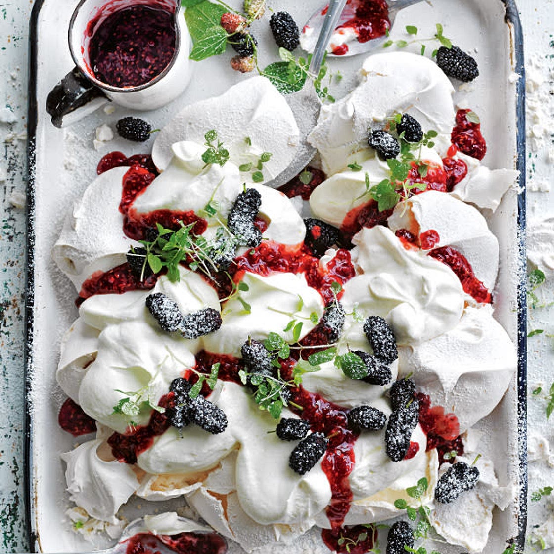 Smashed Pavlova With Mulberries And Roasted Raspberry Jam