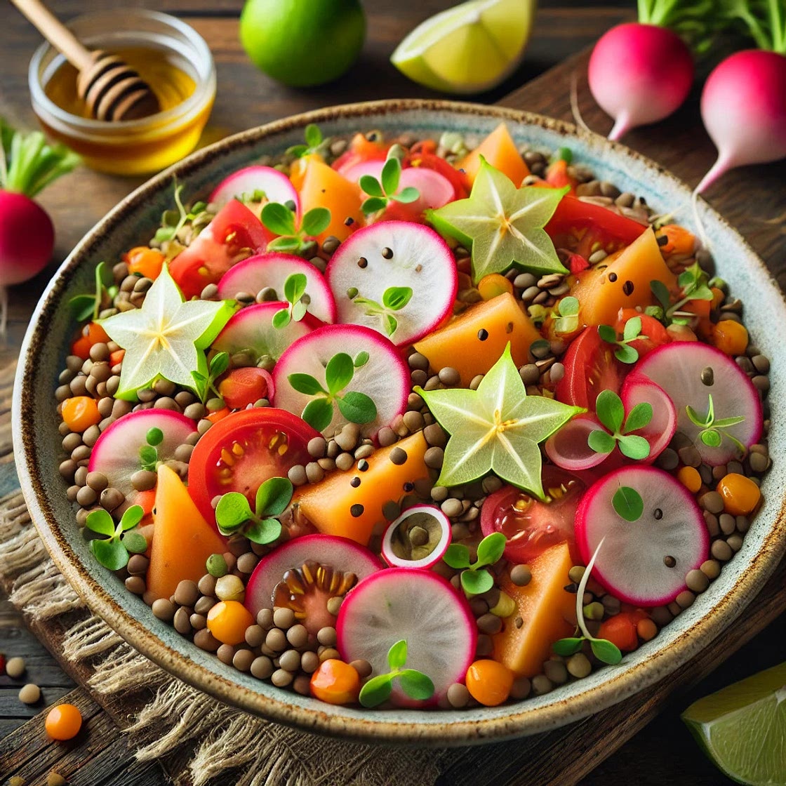 Linsensalat mit Sternfrucht und Cantaloupe-Melone
