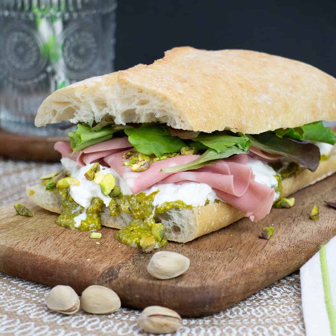Mortadella Sandwich with Stracciatella and Pistachio Pesto