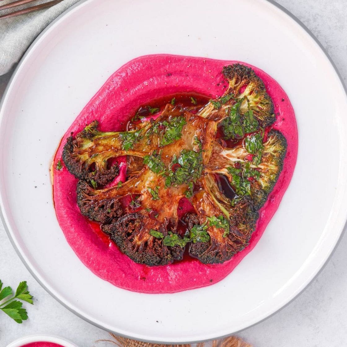 Broccoli Steak with Beetroot Hummus