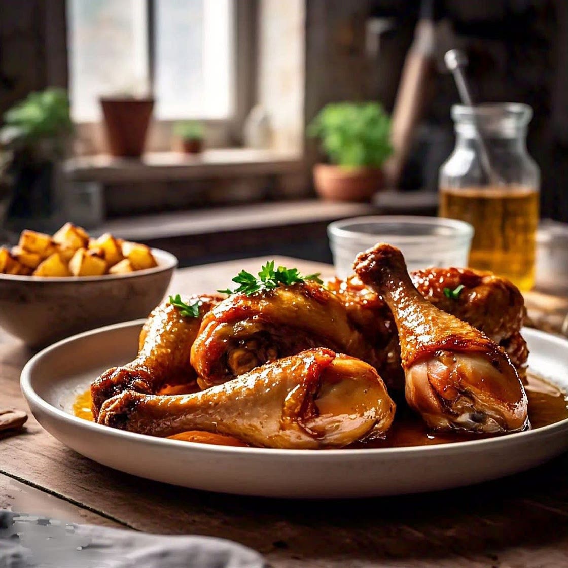 Sticky Chicken drumsticks and grilled potatoes