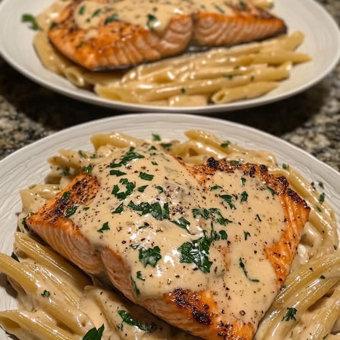 Tuscan Salmon with Creamy Garlic Alfredo Penne