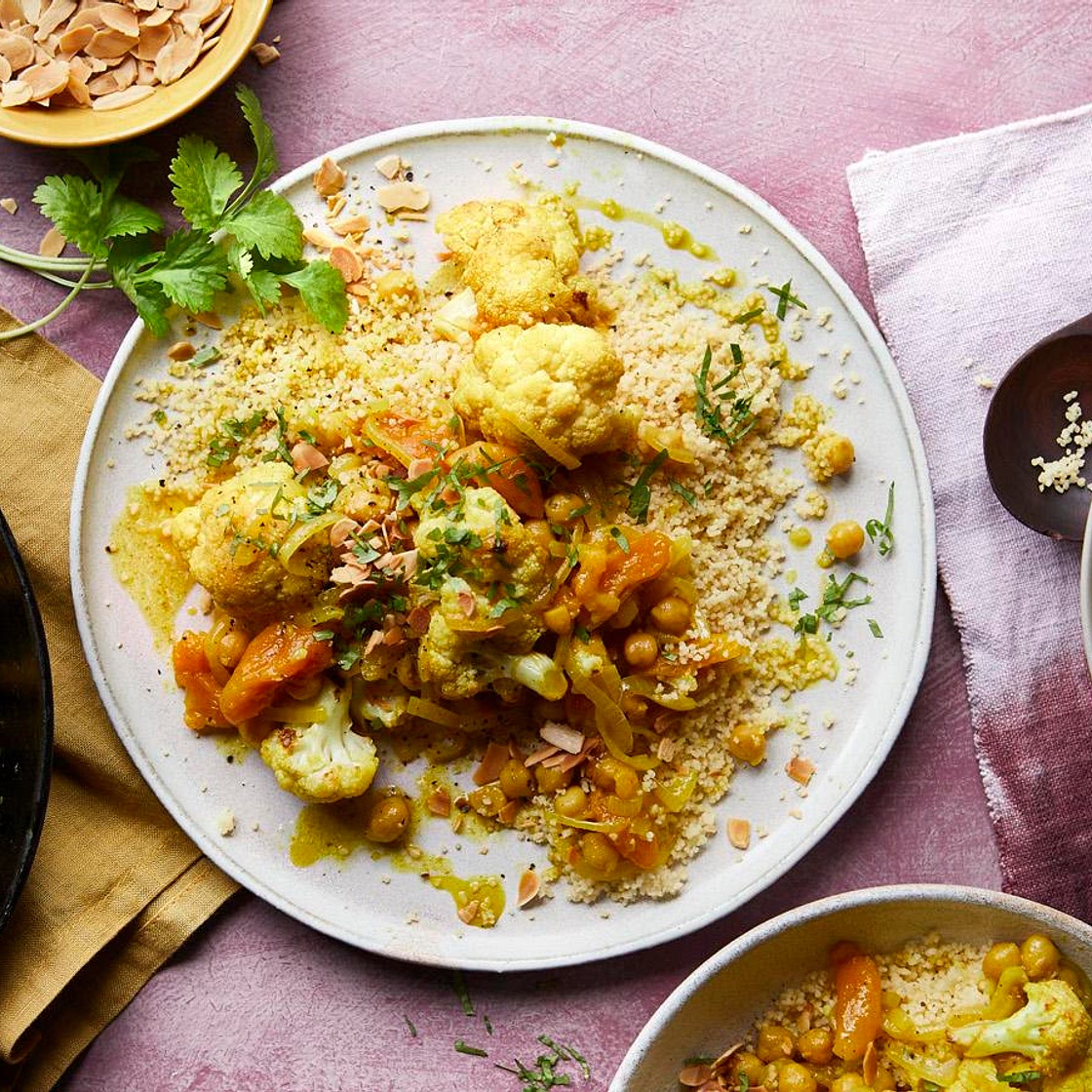 Vegetarian tagine with roasted cauliflower, apricots and chickpeas