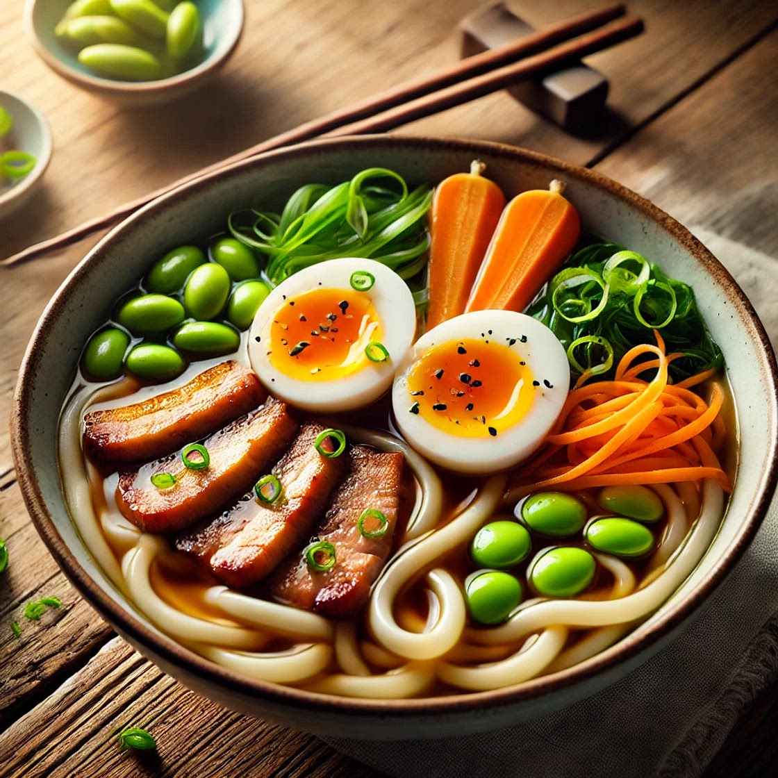 Bol de Udon au Porc Mariné, Œuf Mollet et Édamamés