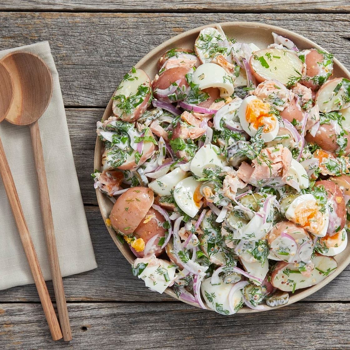 Hot smoked salmon potato salad
