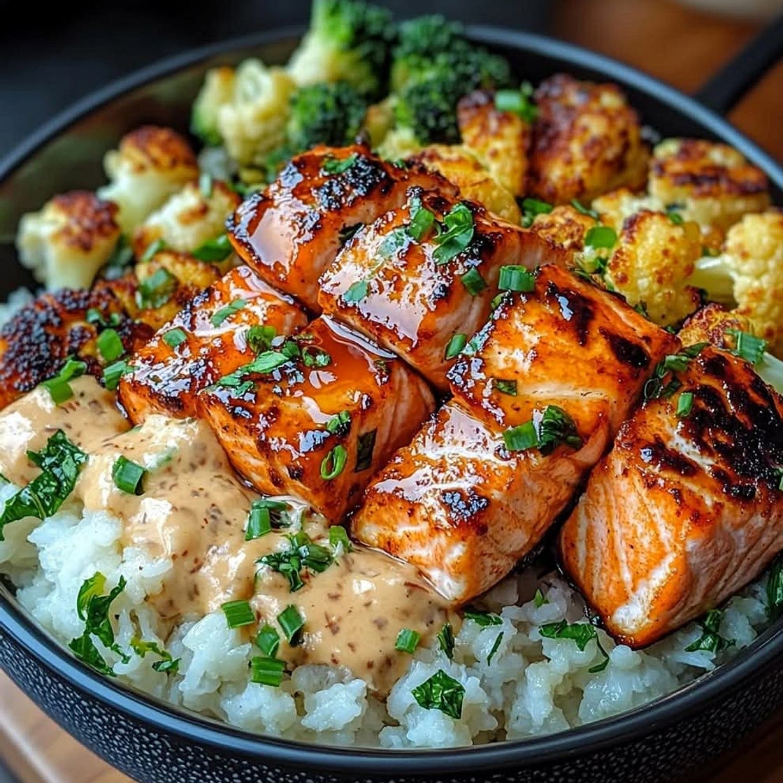 Sriracha-Honig-Lachs-Bowl mit Geröstetem Blumenkohl