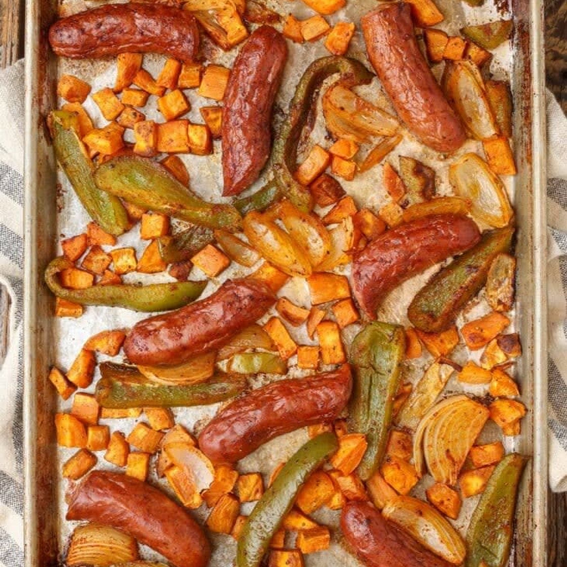 Sausage, sweet potatoes, peppers & onions
