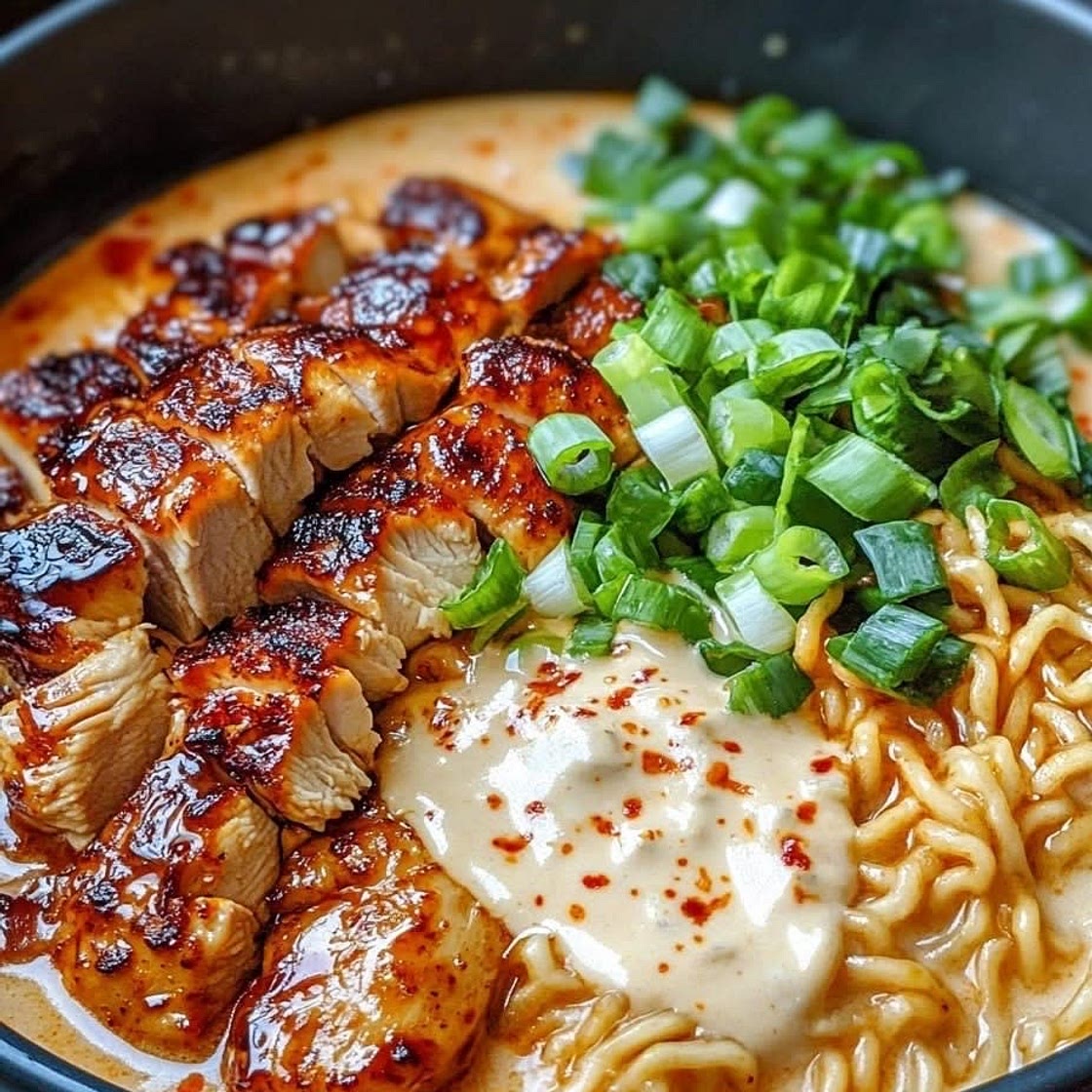 Fiery Chicken Ramen with Creamy Garlic Sauce