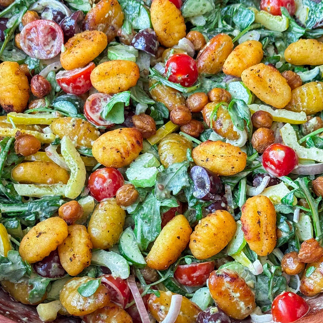 Crispy Gnocchi Salad with A Creamy Pesto Dressing