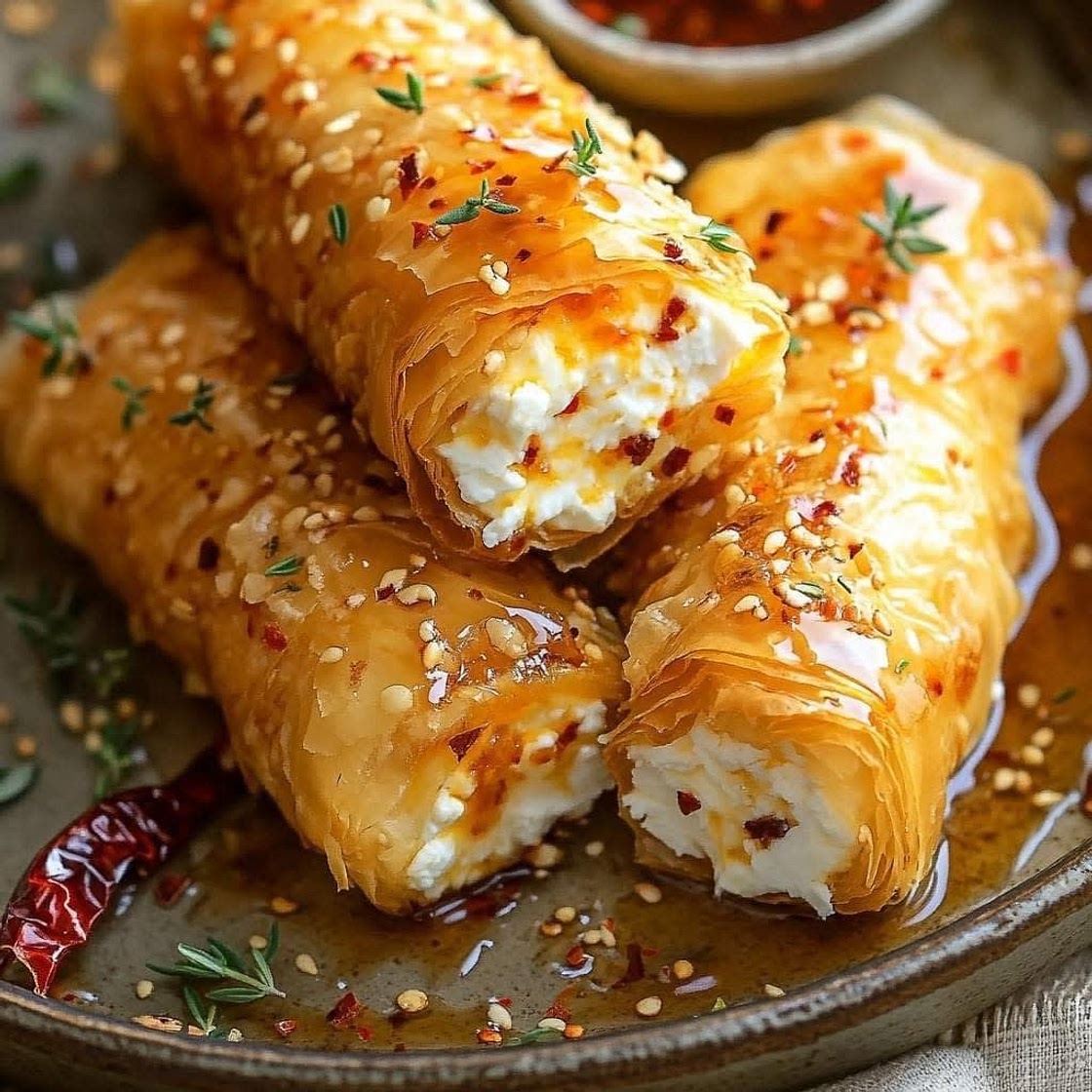 Oven Fried Feta Rolls with Chili Honey