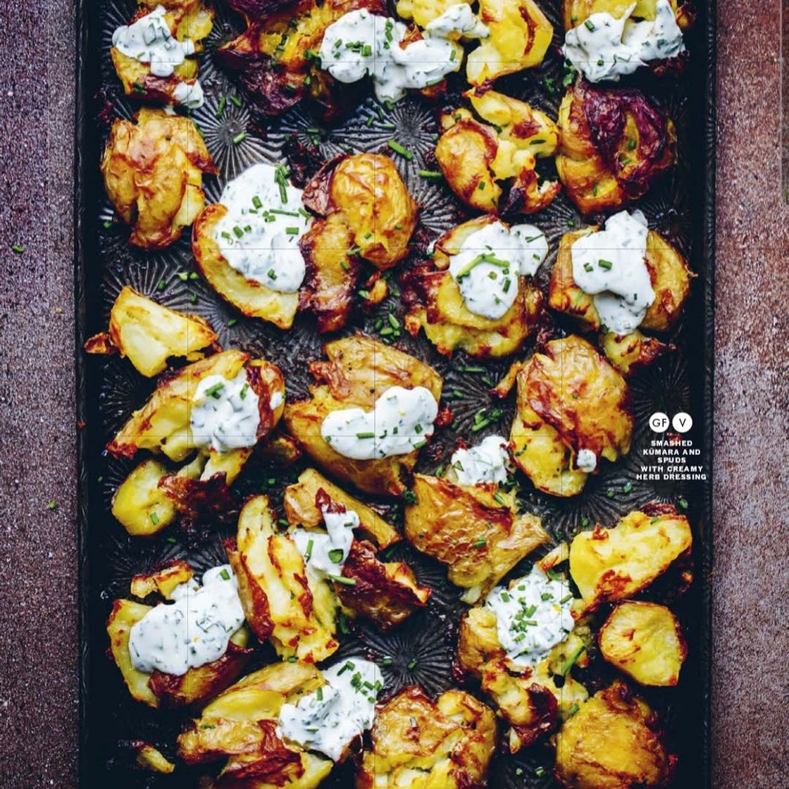 Smashed Kūmara and Spuds with Creamy Herb Dressing (gf)