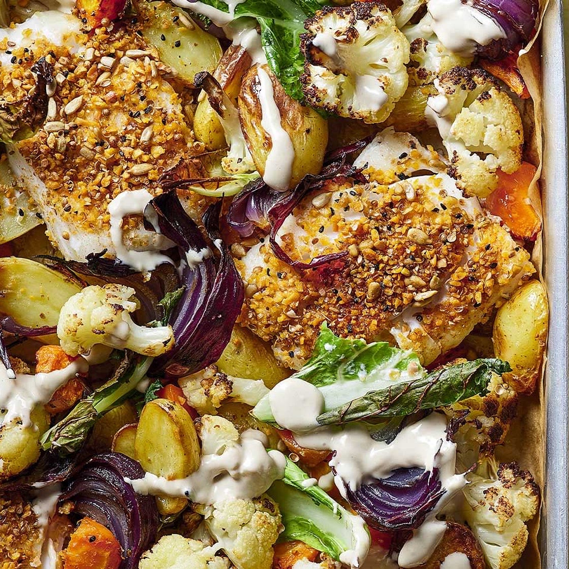 Cod and cauliflower traybake with Dukkah