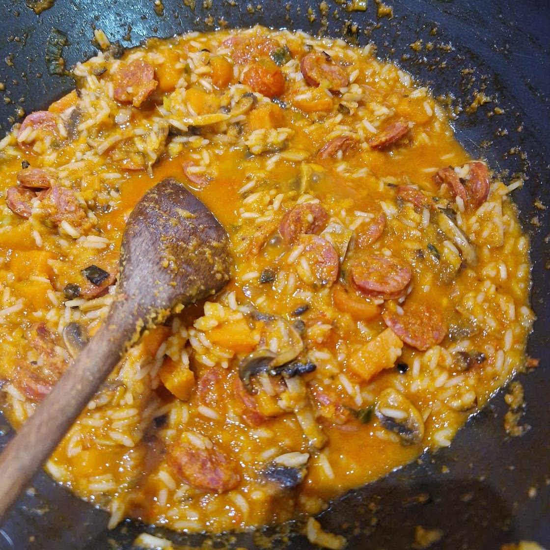Chorizo, Sweet Potato and Black Bean Rice Skillet