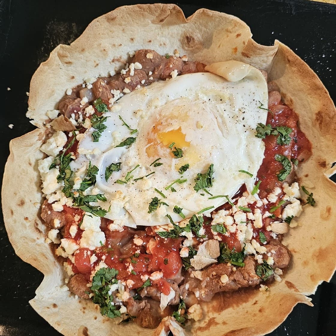 Breakfast Tostadas With Fried Eggs, Refried Beans And Homemade Salsa