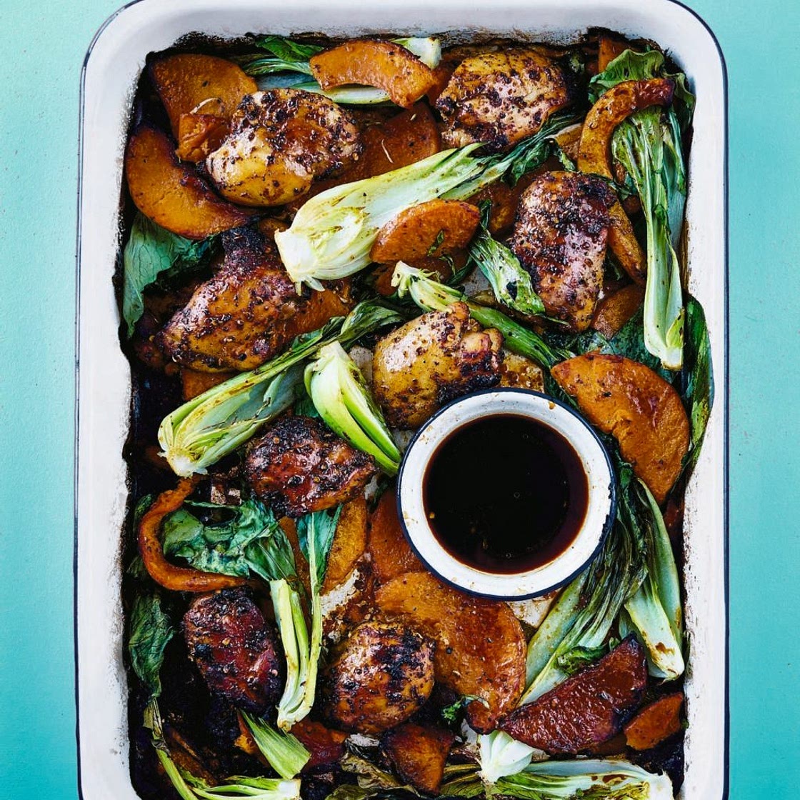 One Roasting Tin - Sichuan Chicken, Roasted Squash & Greens