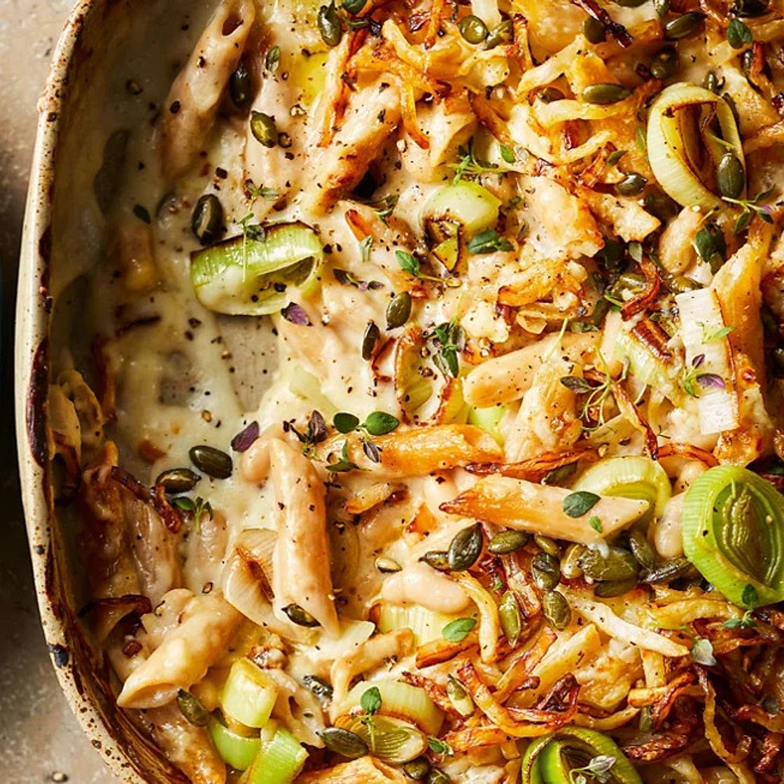 Leek & celeriac cheesy pasta and bean bake