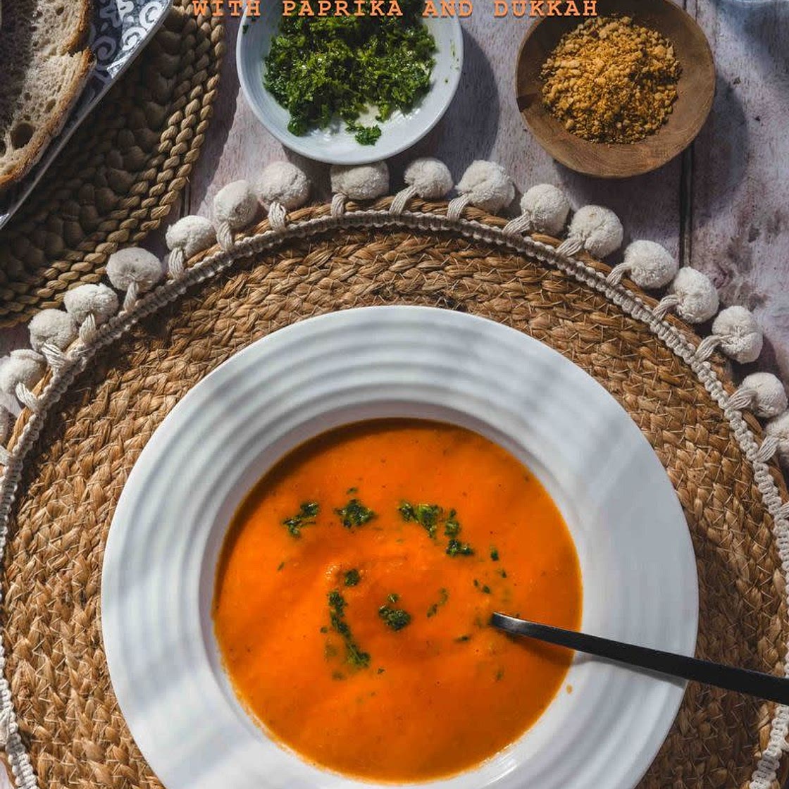 Tomato Soup with Basil Oil and Dukkah