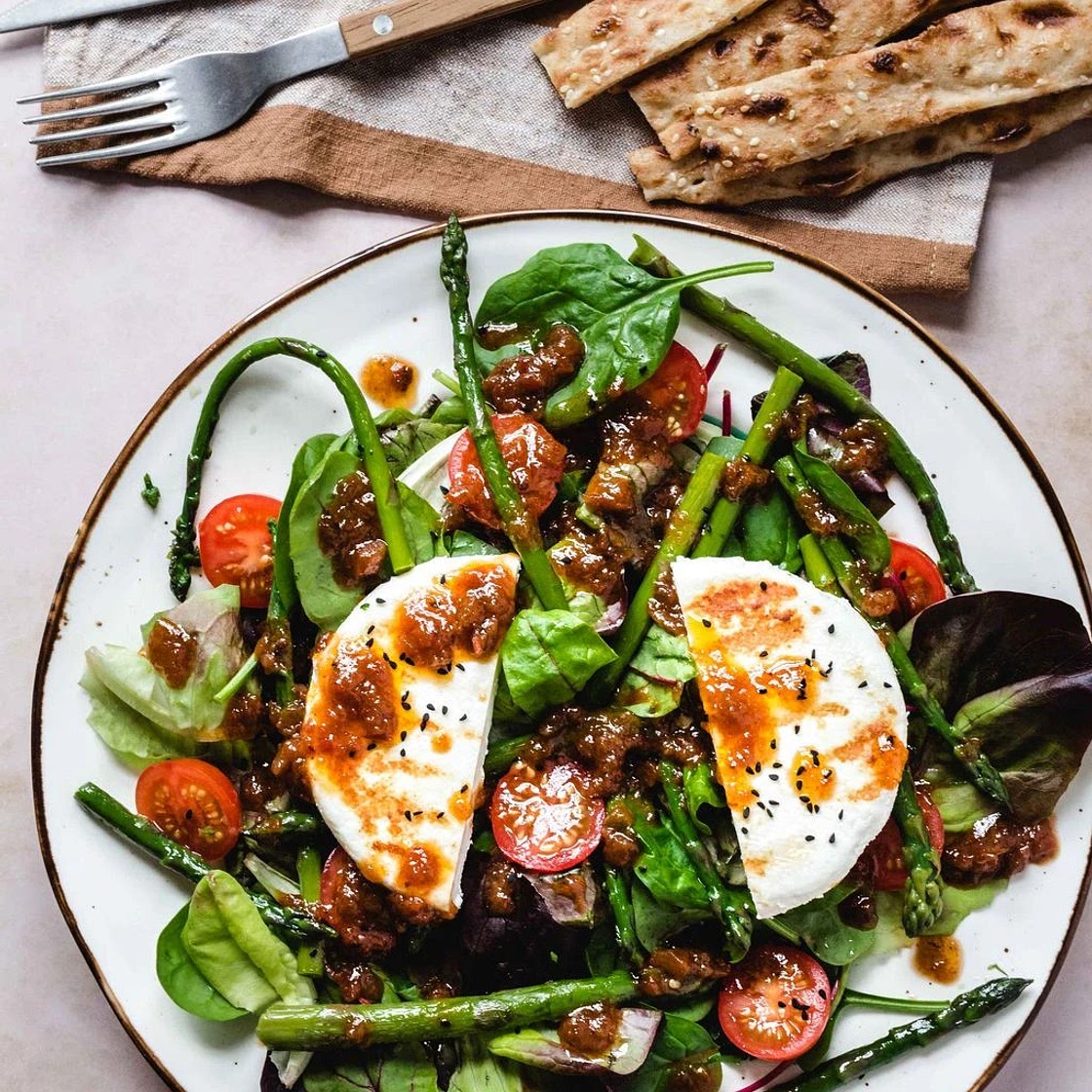 Asparagus Salad with Manouri and Tomato Jam