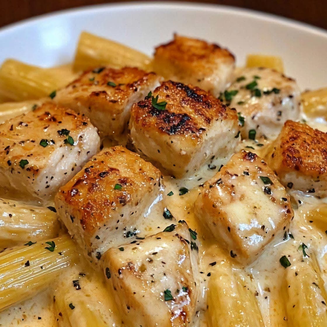 Creamy Garlic Butter Chicken and Rigatoni in Parmesan Sauce