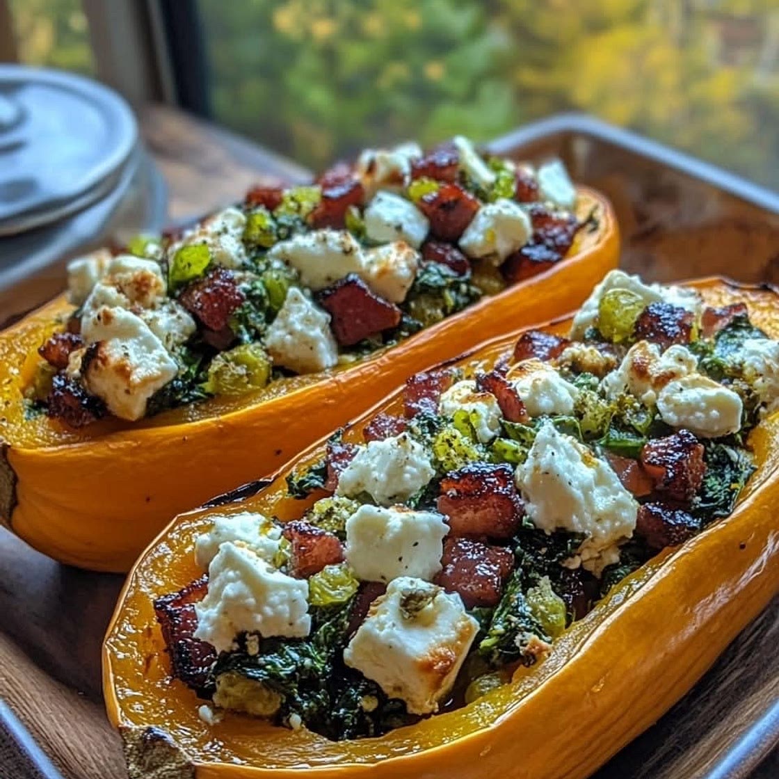 Courge Butternut Farcie au Feta, Épinards et Bacon