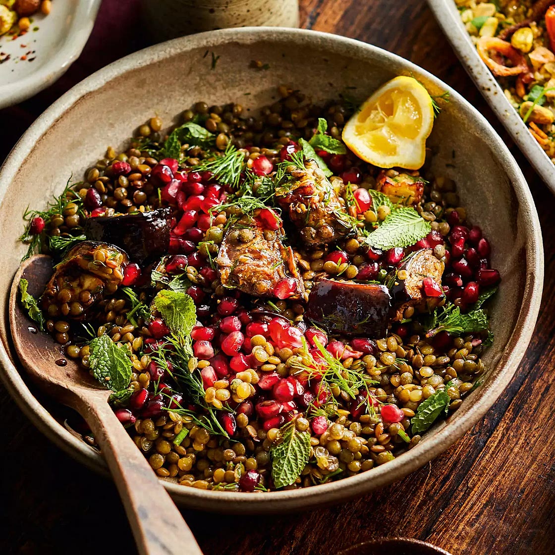 Braised lentils & aubergines with pomegranate