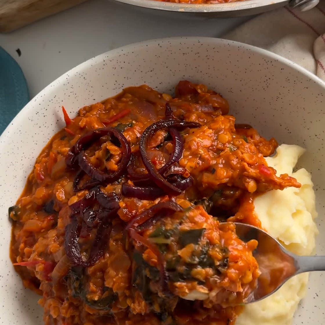 Lentil, bacon, and red onion stew 