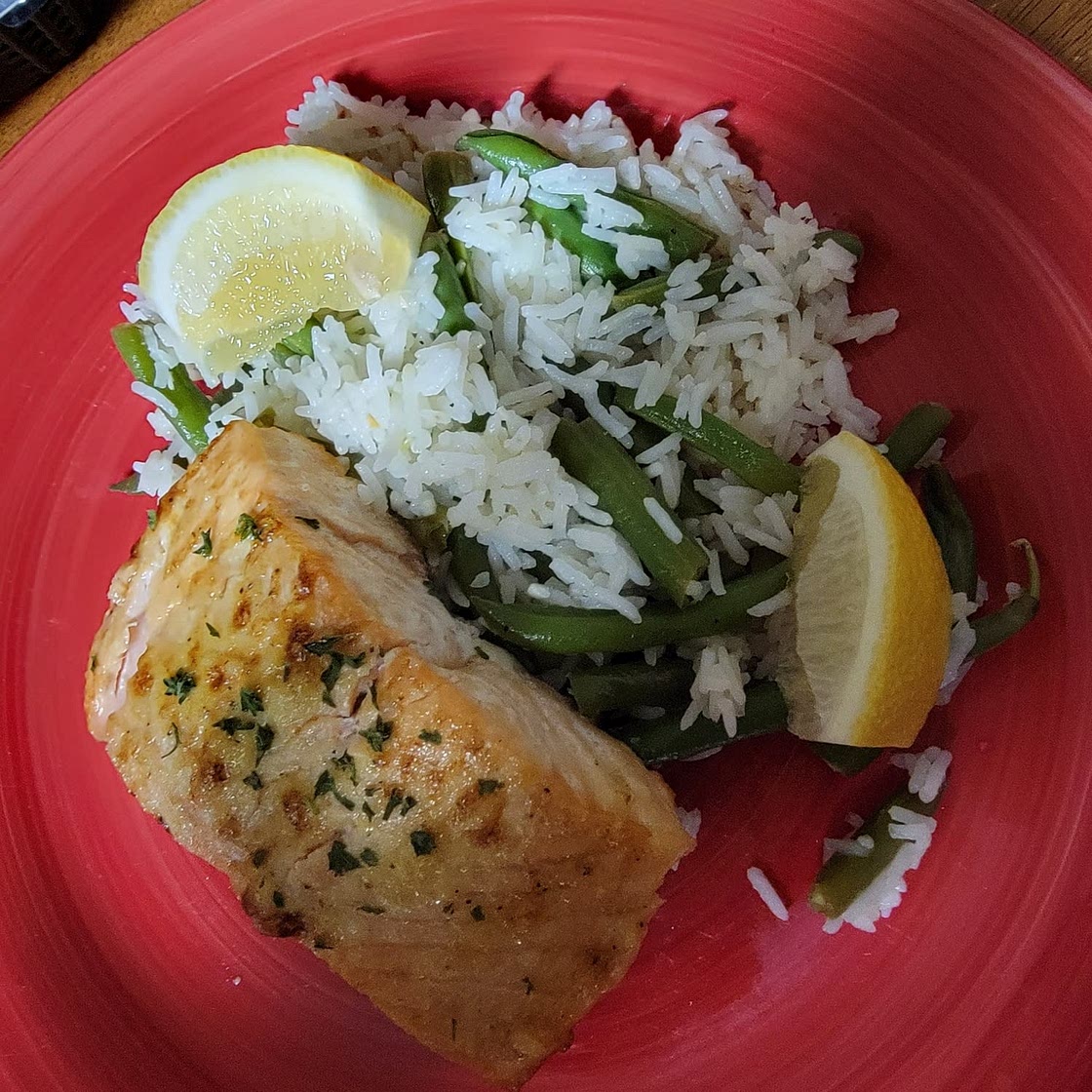Dijon Salmon with Green Bean Pilaf