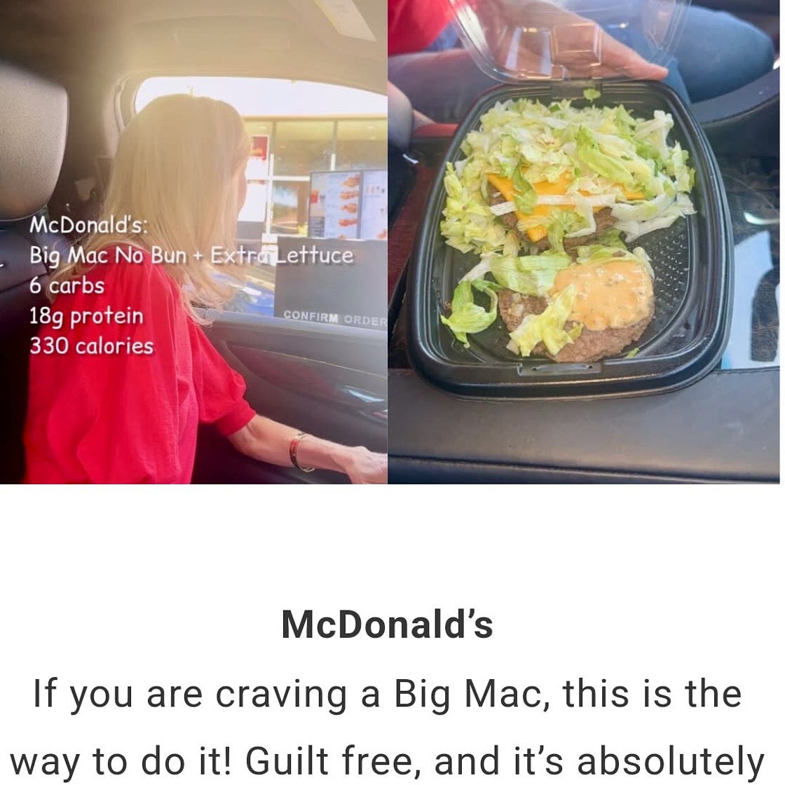Maccas Big Mac no bun extra lettuce 330cal 18g protein 6 carbs