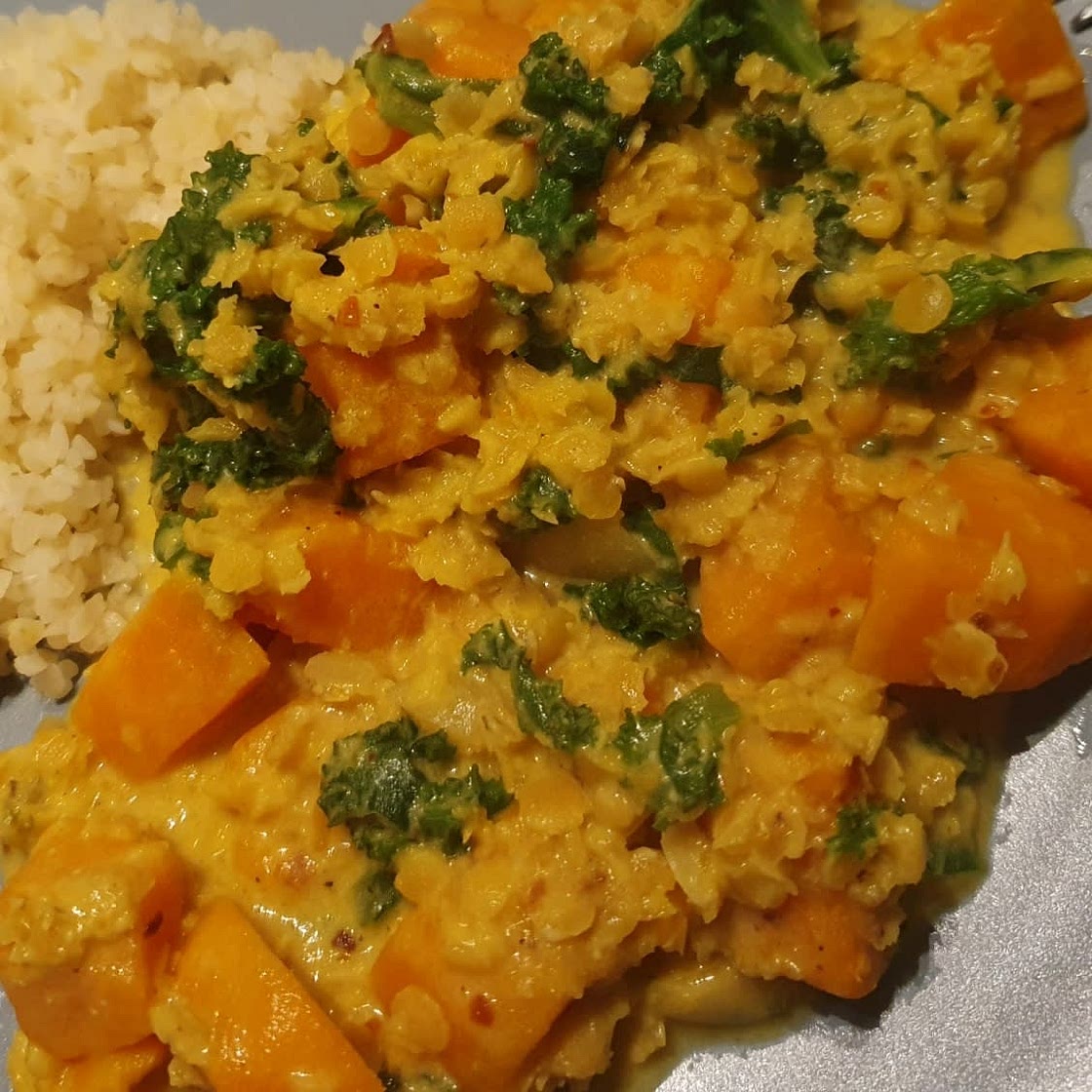 Ginger Sweet Potato and Coconut Milk Stew with Lentils and Kale