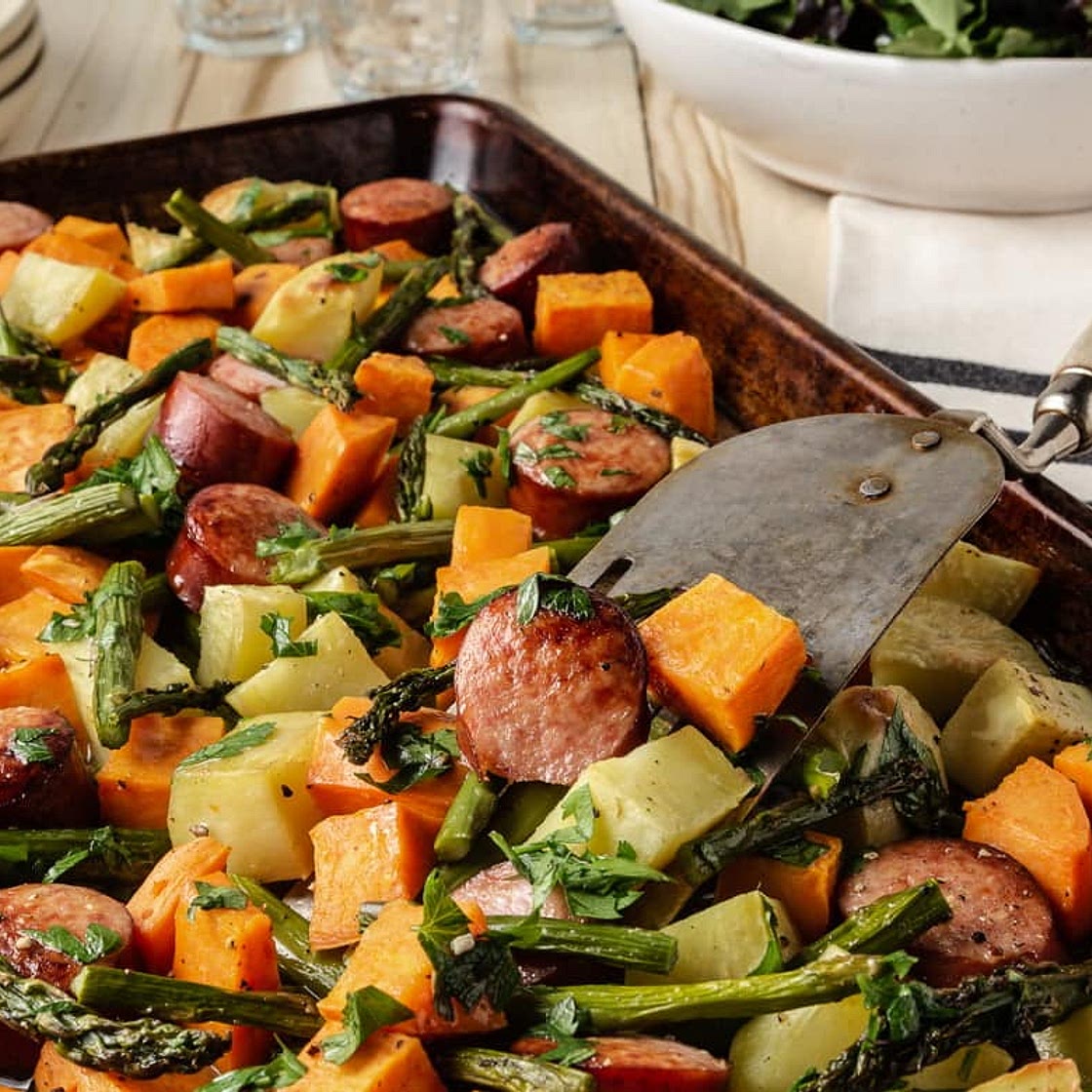 Sheet Pan Sausage, Sweet Potato, and Asparagus Dinner