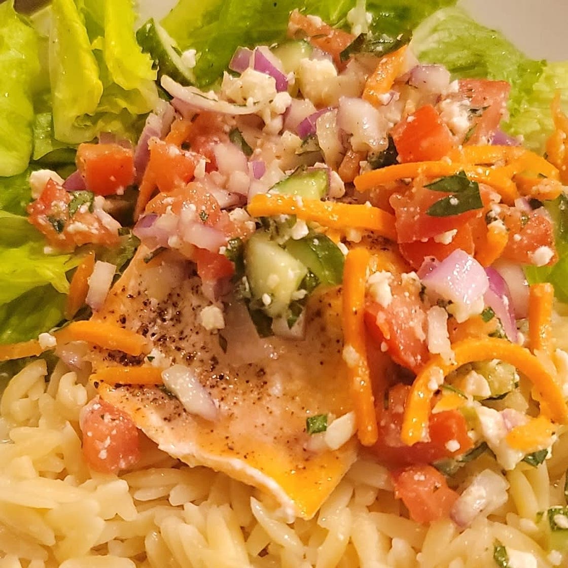 Grilled Salmon with Avocado Greek Salsa and Orzo