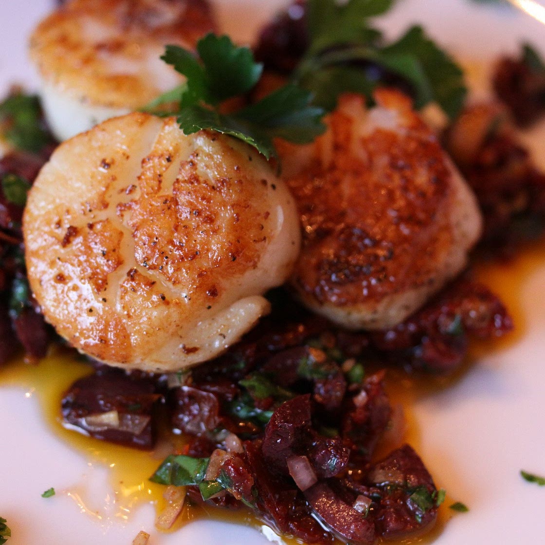Seared Sea Scallops with Garlic Olive Compote