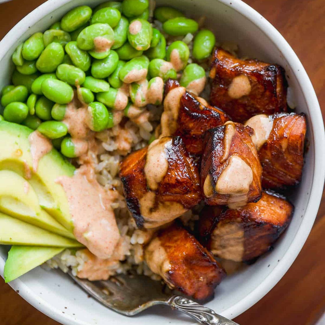 Air Fried Teriyaki Salmon Bites Rice Bowl
