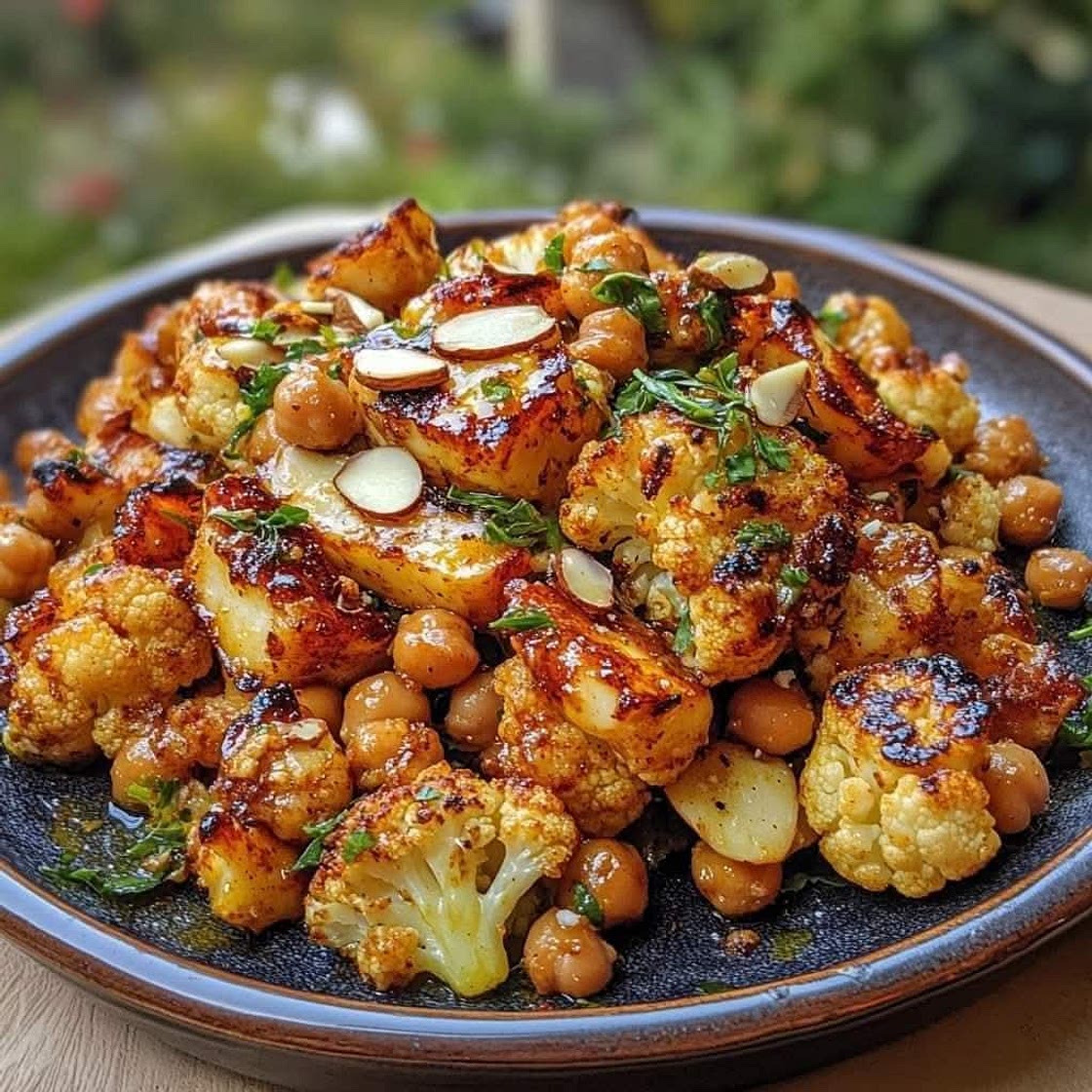 Honey curry roasted cauliflower with grilled haloumi and crunchy chickpeas