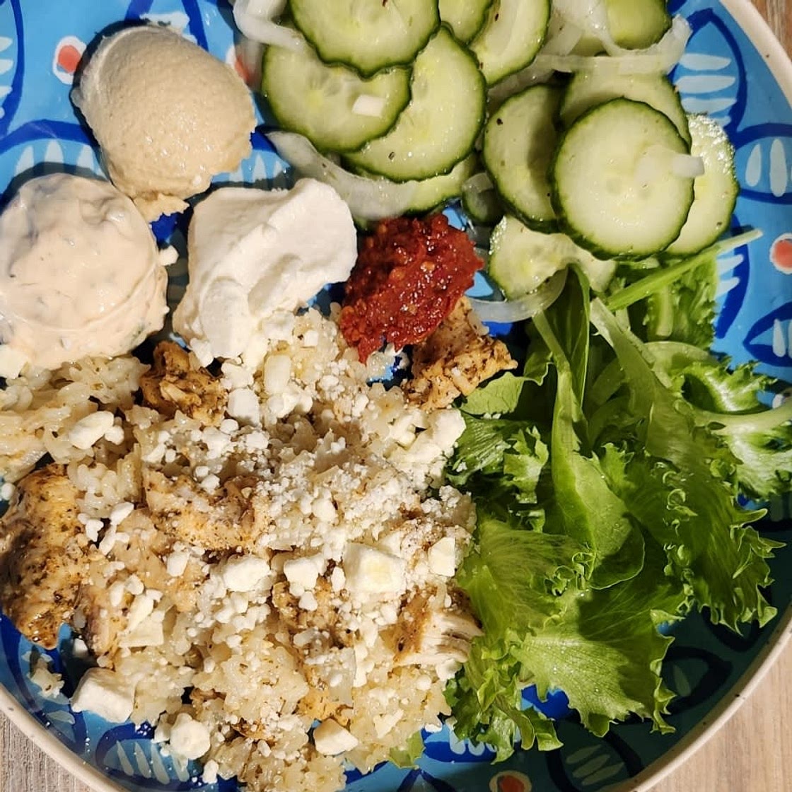 Instant Pot Chicken Souvlaki Rice With Greek Salad & Tzatziki