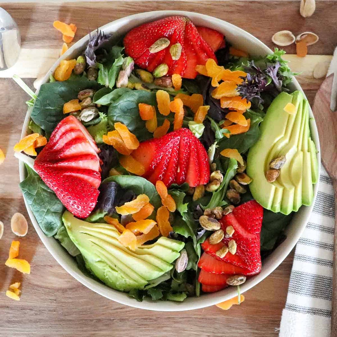 Strawberry Spring Mix Salad with Apricots and Pistachios