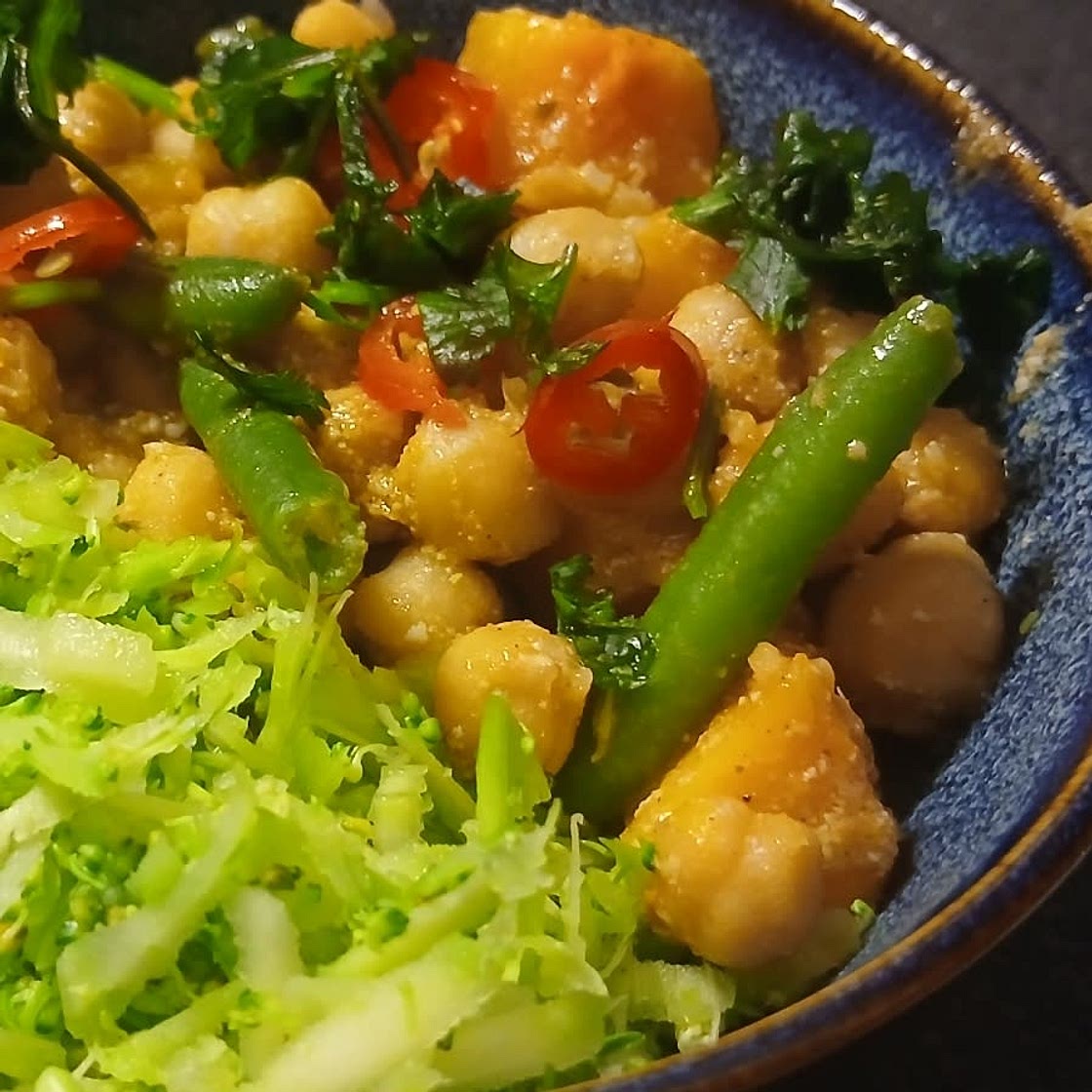 Coconut chickpea curry with broccoli rice