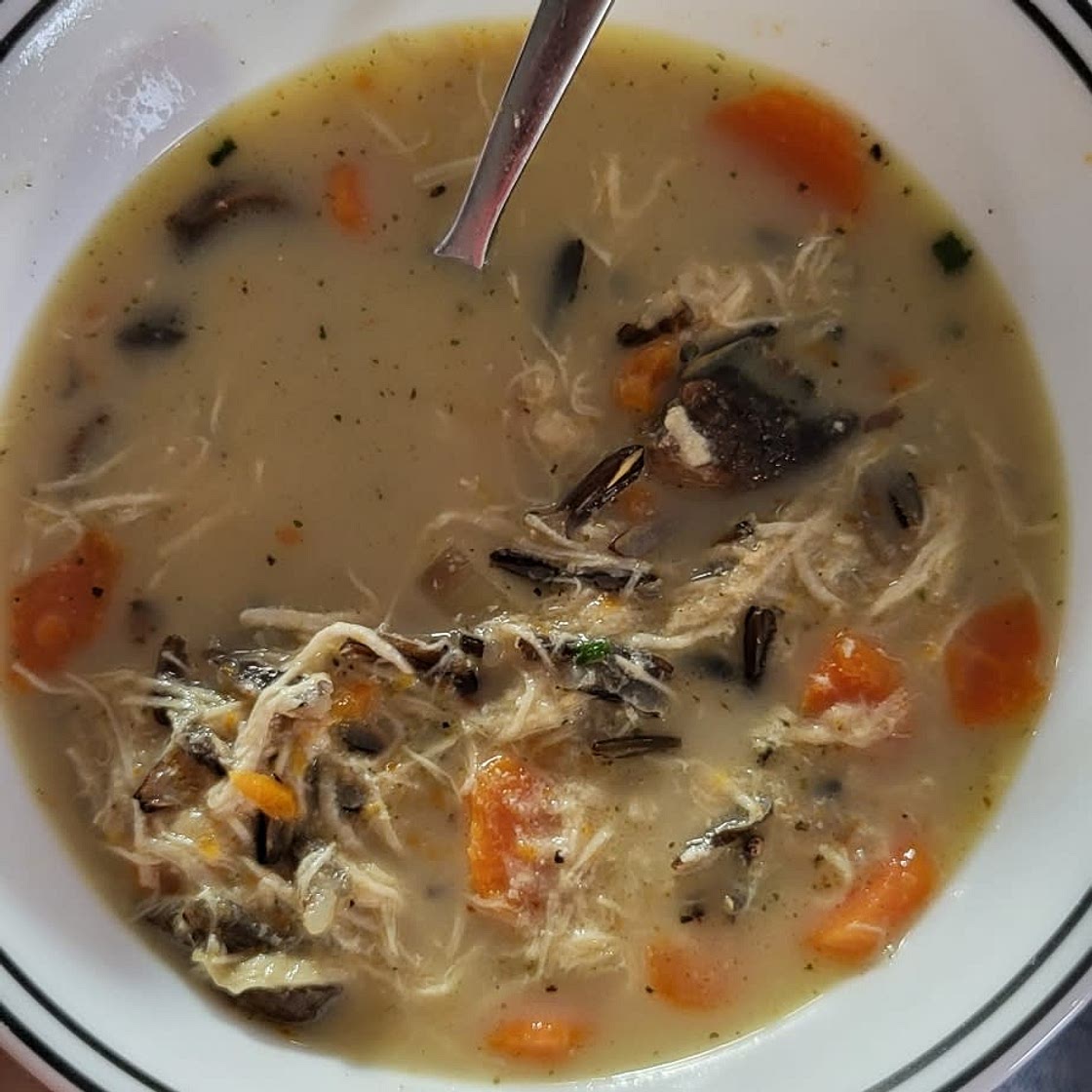 Creamy Wild Rice Chicken Soup with Roasted Mushrooms