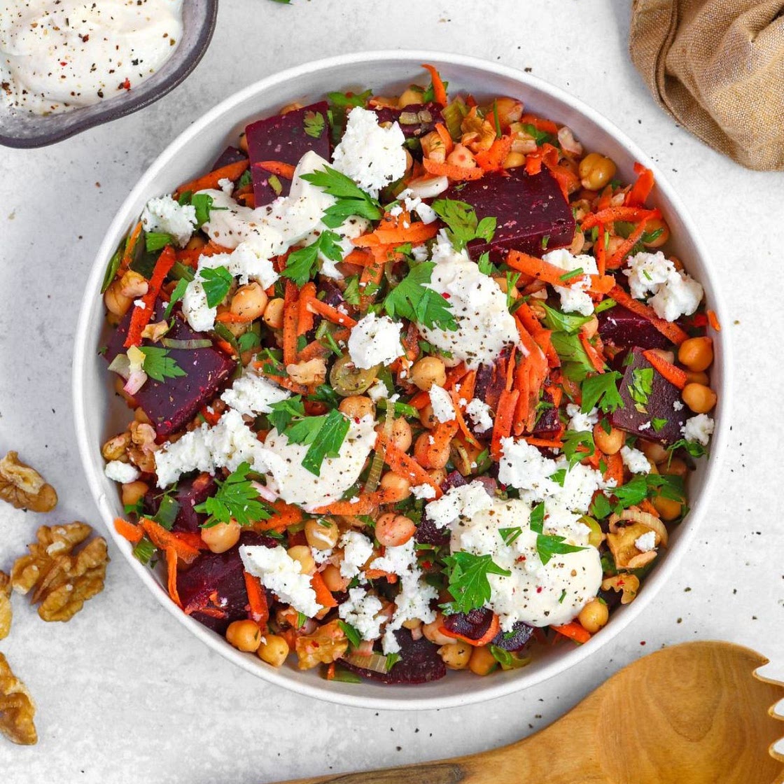 Rainbow Chickpea, Beet and Feta Salad