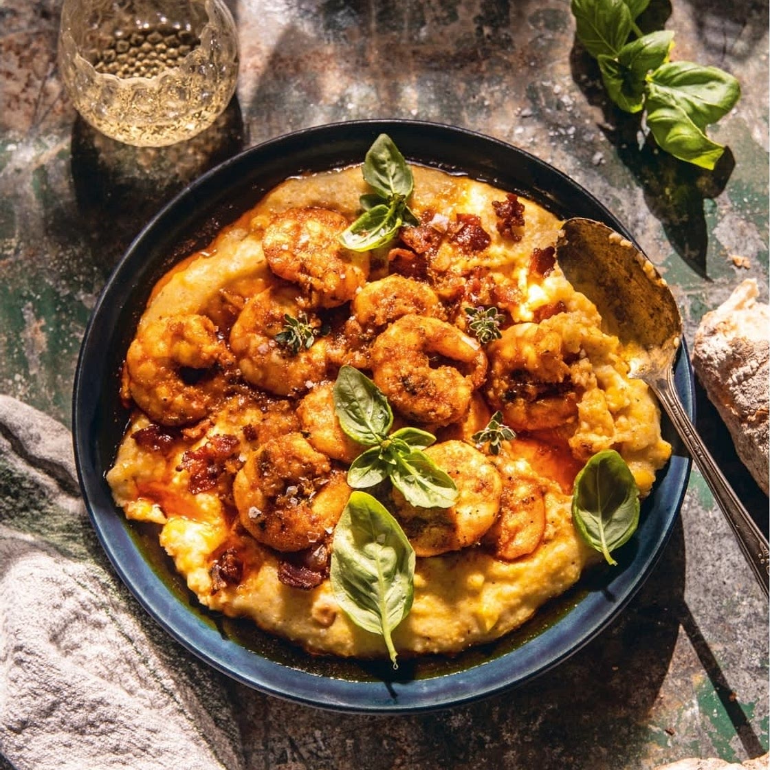 Southern Garlic Shrimp With Bacon–Sweet Corn Polenta