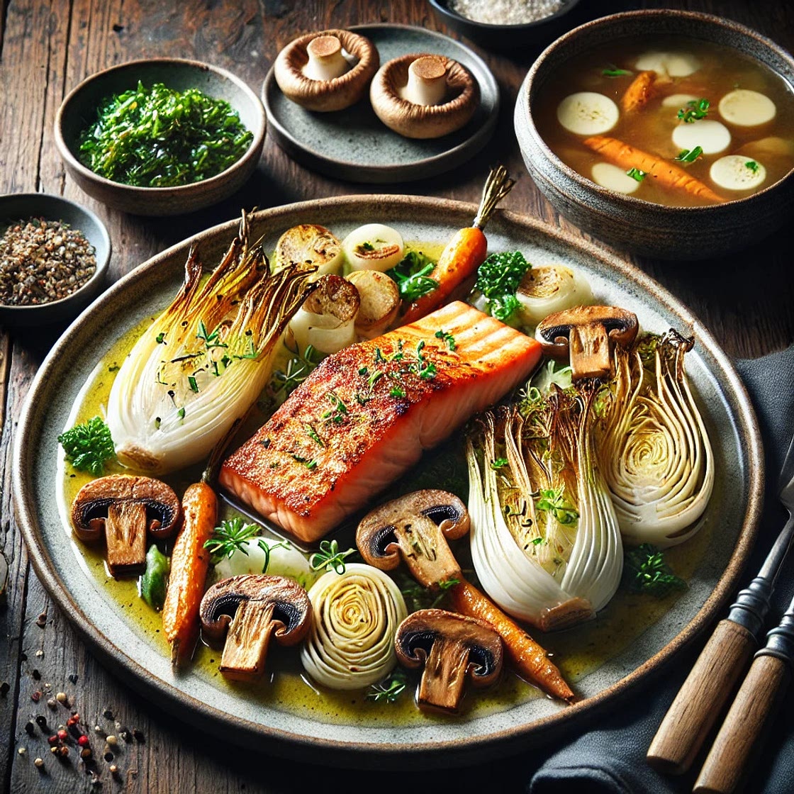 Geroosterde zalm met venkel, witloof, wortelen en champignons, geserveerd met misosoep