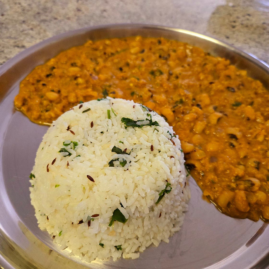 Black-eyed peas curry and Jeera(cumin) rice.