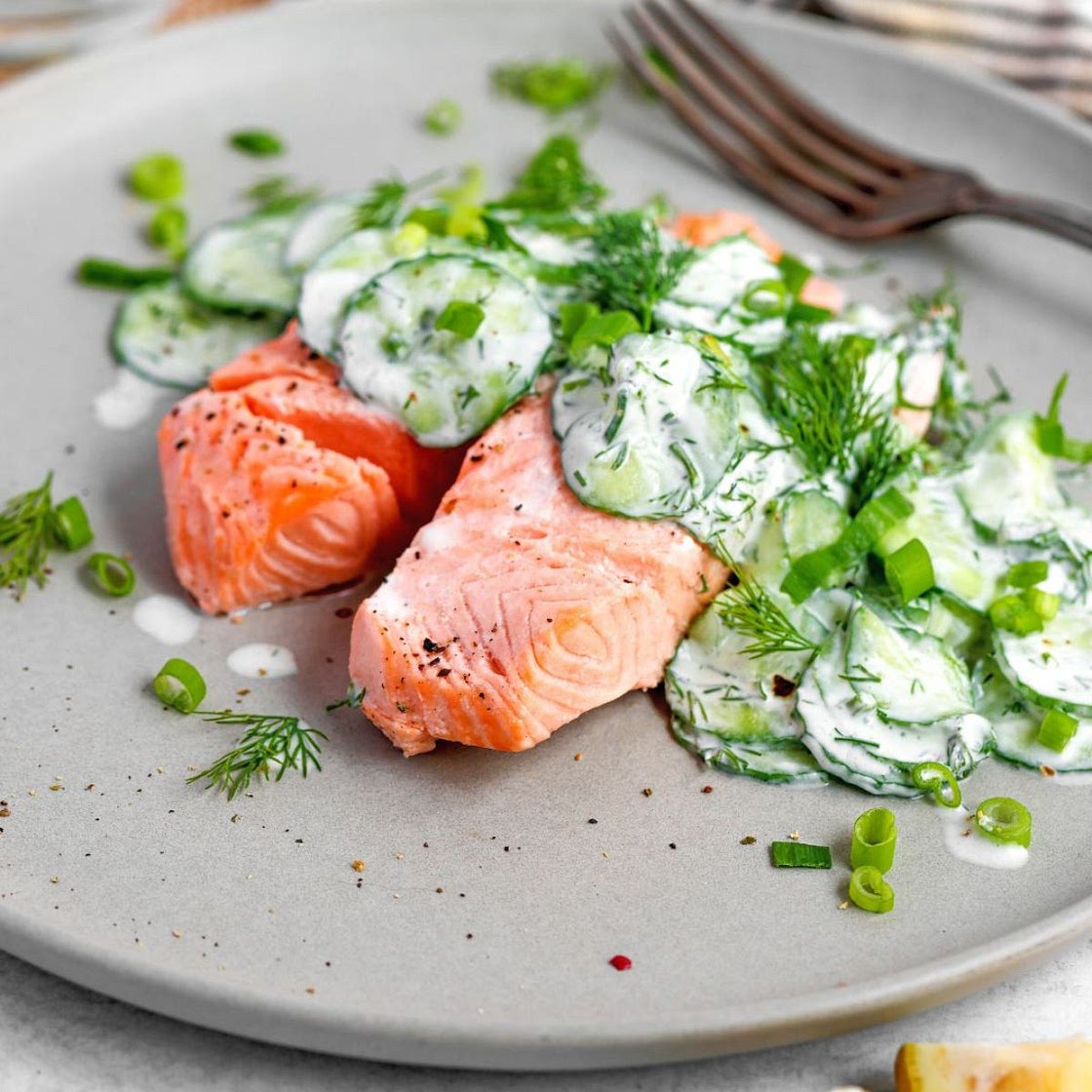Poached Salmon with Cucumber Salad