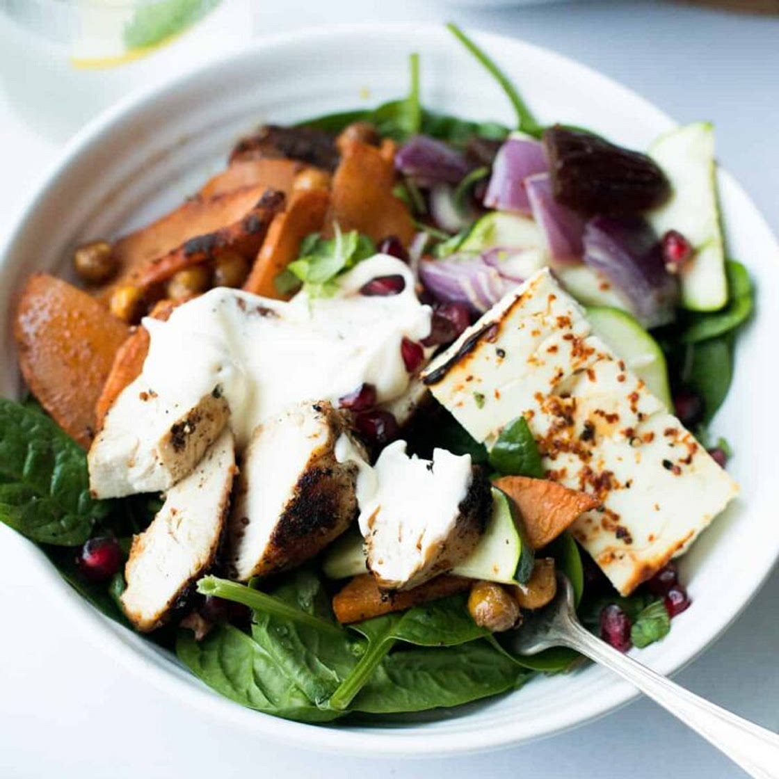 Warm Chicken Salad with Baked Sweet Potato and Feta Cheese
