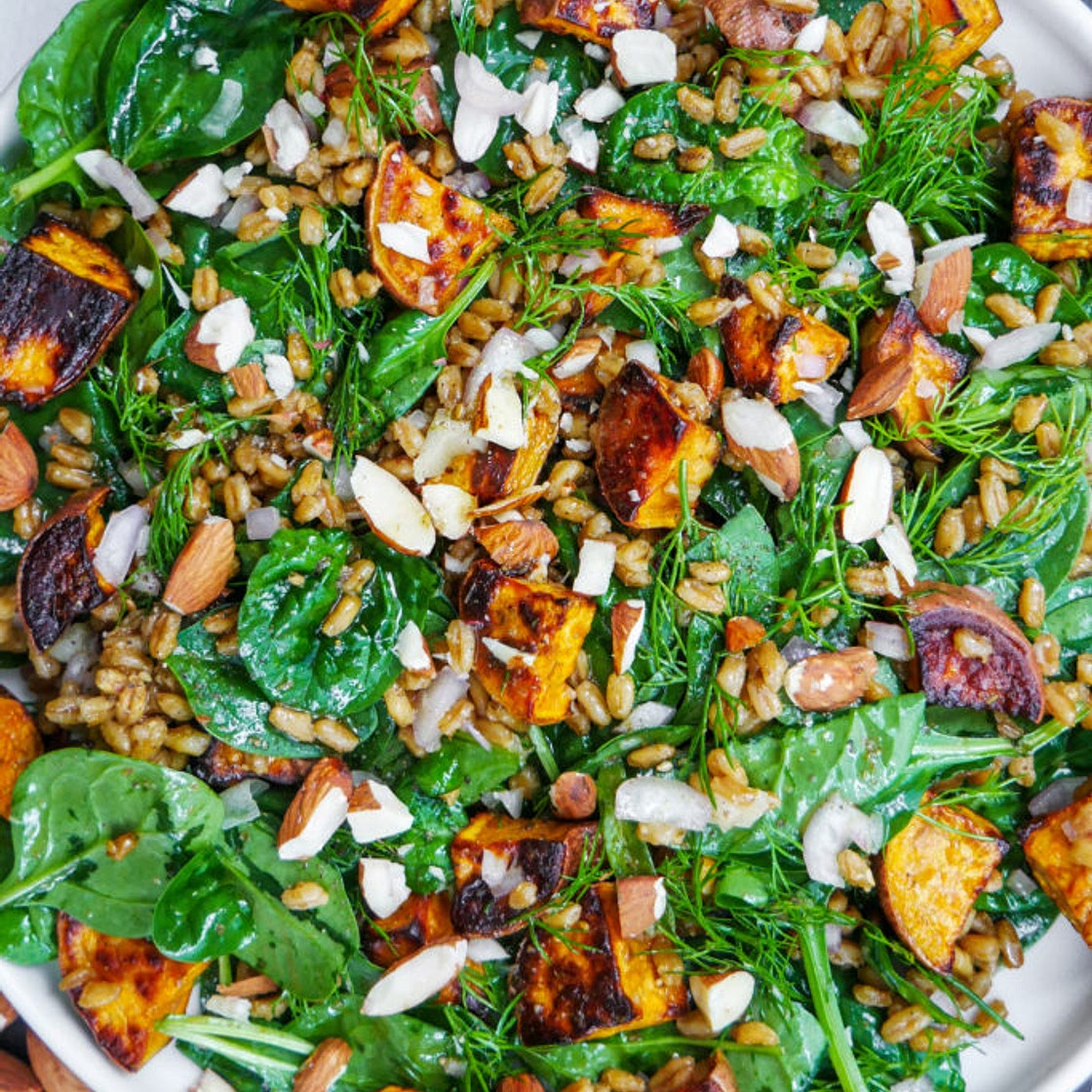 Autumn Salad: Spinach with Sweet Potatoes, Farro, Dill, Shallots, Almonds and Za'atar Vinaigrette