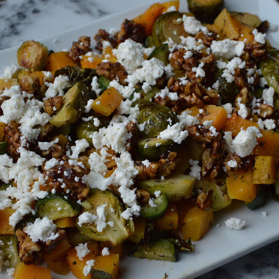 Roasted Zucchini, Brussels Sprouts, and Butternut Squash with Maple Walnuts and Goat Cheese