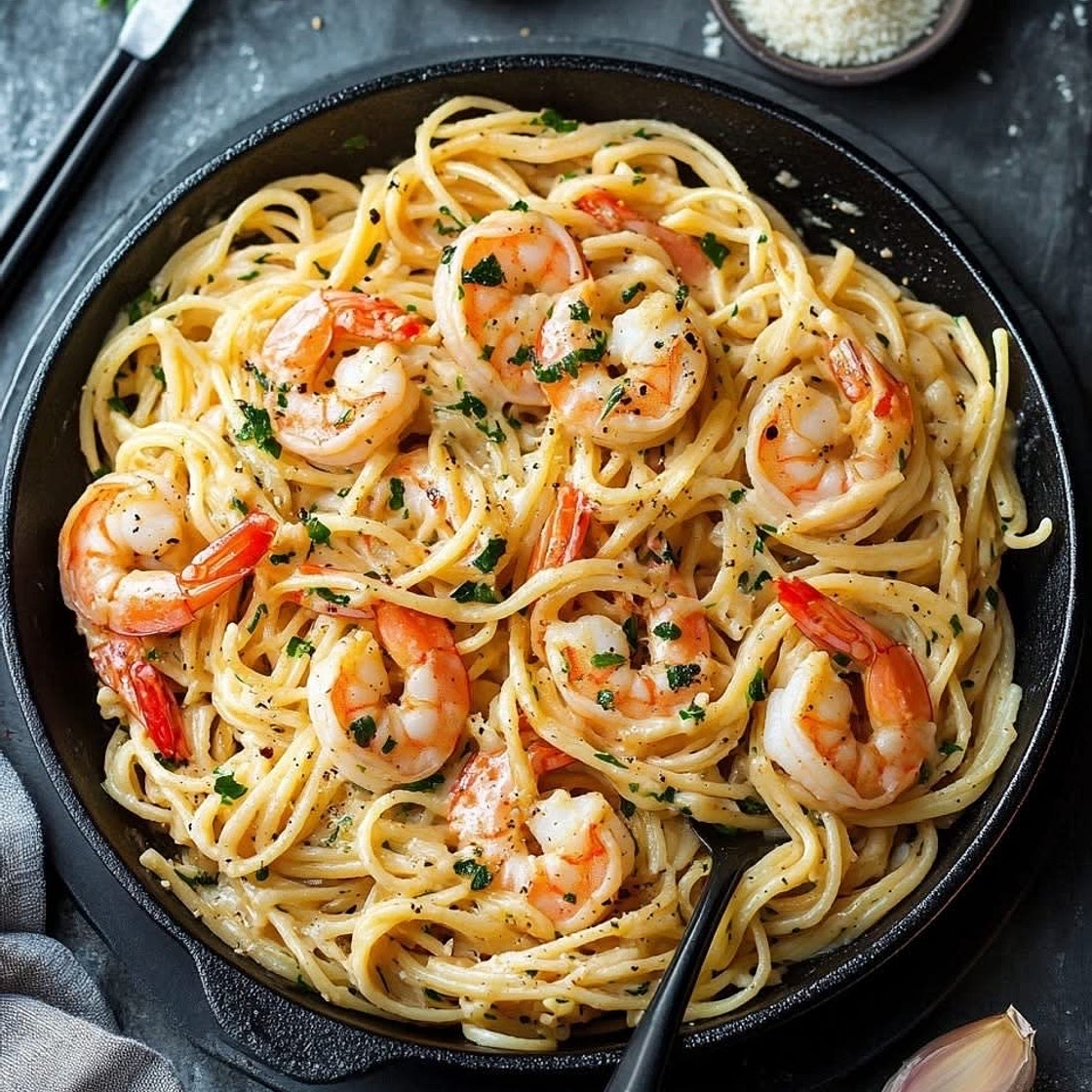 Pâtes aux crevettes dans une sauce crémeuse à l'ail et au beurre