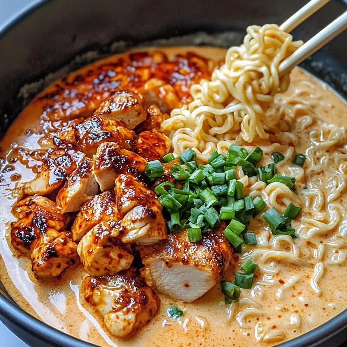 Fiery Chicken Ramen with Creamy Garlic Sauce