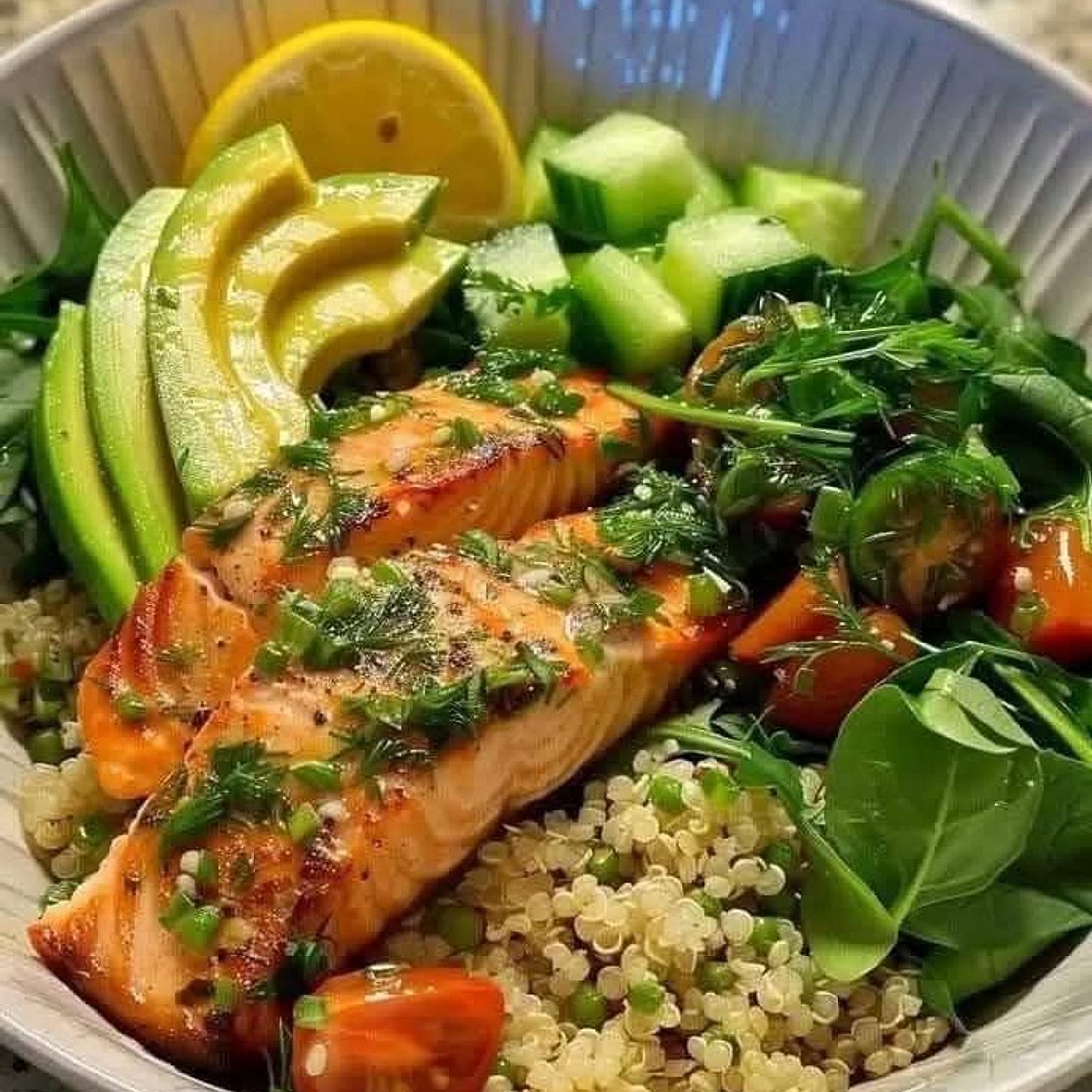 Lemon Herb Salmon and Avocado Quinoa Bowl